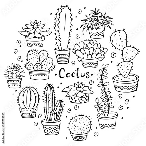 Set of cactus in a pot on a white background. Doodle. Vector illustration. Perfect for coloring book, greeting card, print.