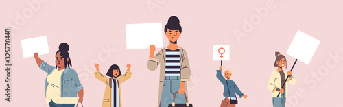 mix race activists protesting holding placards with female gender sign feminist demonstration girl power movement rights protection women empowerment concept portrait horizontal vector illustration