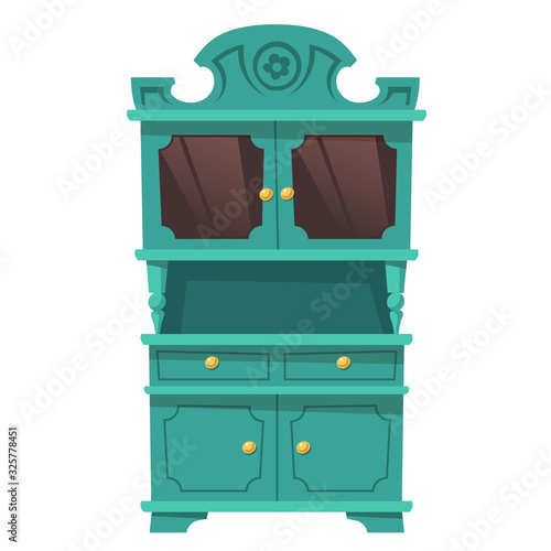 Kitchen cupboard in baroque style with shelves and glass doors. Vector vintage green cabinet, furniture for storage and display crockery isolated on white background. Empty provence sideboard