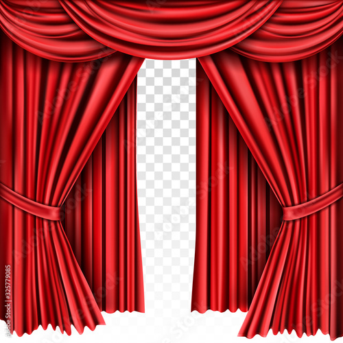 Red stage curtain for theater, opera scene drape backdrop, concert grand opening or cinema premiere backstage, portiere for ceremony performance isolated template, realistic 3d vector illustration