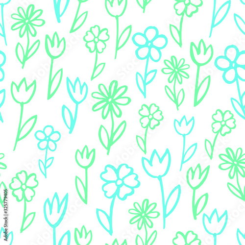 Vector seamless pattern. Pretty blue colors flowers , tulips. Hand drawn simple sketch style for decor textile , wrapping paper, wallpaper. Spring, easter.