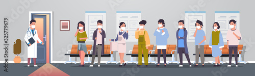asian patients in masks visiting doctor coronavirus infection epidemic MERS-CoV virus medical consultation 2019-nCoV pandemic health risk hospital corridor interior full length horizontal vector