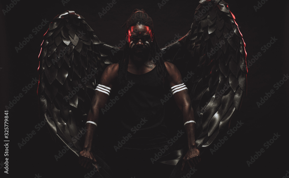 portrait of black african angel, gothic dark angel for peace in the