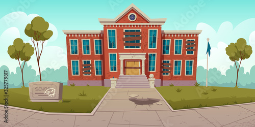 Abandoned old school with broken windows and boarded up door. Vector cartoon illustration of summer landscape with derelict dilapidated building, forgotten ramshackle house