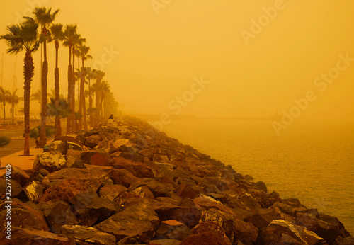 Las Palmas, Gran Canaria, Spain; February 23 2020 - Limited visibility during extreme weather conditions: calima, or calina, (English: desert dust atmospheric haze).