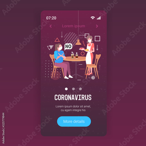 woman in mask doing cross arms say no to waitress with meat and burger to prevent coronavirus epidemic MERS-CoV virus wuhan 2019-nCoV health risk concept copy space full length mobile app vector