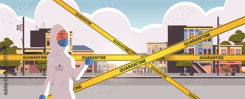 woman in hazmat suit epidemic MERS-CoV quarantine caution on yellow warning tape over empty city street coronavirus infection wuhan 2019-nCoV pandemic health risk concept portrait horizontal vector