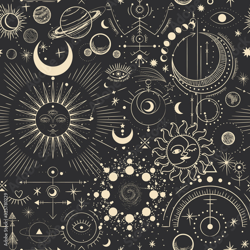 Vector illustration set of moon phases. Different stages of moonlight activity in vintage engraving style. Zodiac Signs