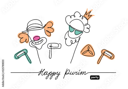 Íappy Purim simple, minimalistic vector background. One continuous line drawing, illustration, background. Lettering Íappy Purim.