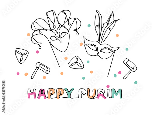 Lettering Íappy Purim. Simple, minimalistic vector illustration for Íappy Purim . One continuous line drawing, illustration, background.