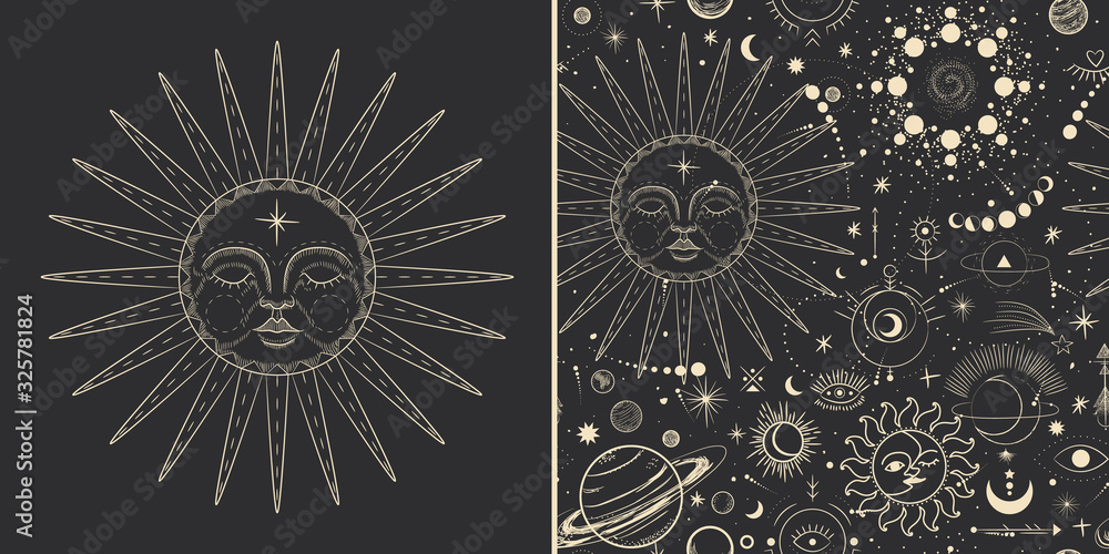 Fototapeta Vector illustration set of moon phases. Different stages of moonlight activity in vintage engraving style. Zodiac Signs