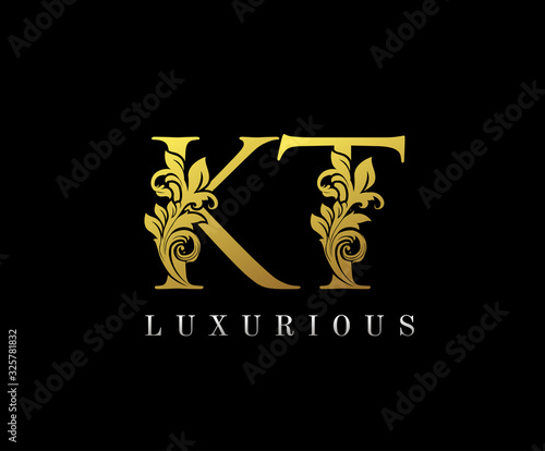 Golden Letter KT Logo Icon . Initial Letter K and T Design Vector Luxury Gold Color.Print monogram initials stamp sign symbol.