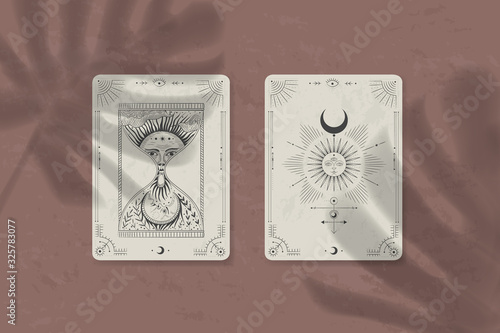 shadow of a tropical leaf on paper. tarot cards, seance, astral sacred illustration. geometry, the solar system, cosmic bodies, the sun and the moon. Vector graphics
