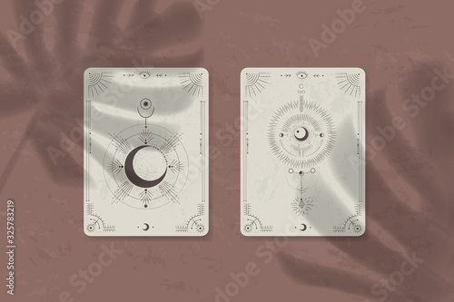 shadow of a tropical leaf on paper. tarot cards, seance, astral sacred illustration. geometry, the solar system, cosmic bodies, the sun and the moon. Vector graphics