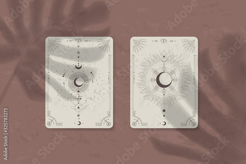 shadow of a tropical leaf on paper. tarot cards, seance, astral sacred illustration. geometry, the solar system, cosmic bodies, the sun and the moon. Vector graphics