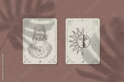 shadow of a tropical leaf on paper. tarot cards, seance, astral sacred illustration. geometry, the solar system, cosmic bodies, the sun and the moon. Vector graphics