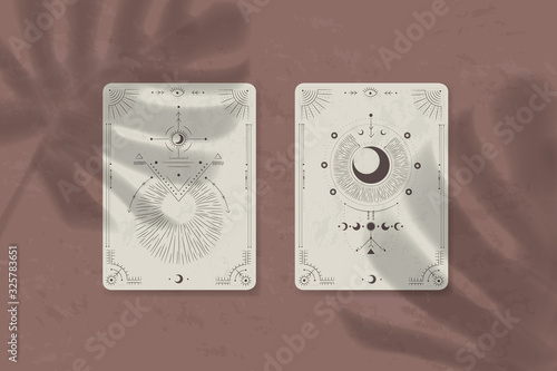 shadow of a tropical leaf on paper. tarot cards, seance, astral sacred illustration. geometry, the solar system, cosmic bodies, the sun and the moon. Vector graphics