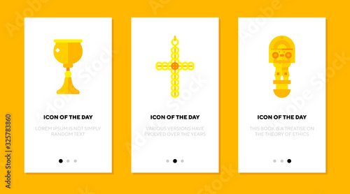 Golden artefact flat icon set. Gold, cultural, sacral isolated vector sign pack. Religious and metal concept. Vector illustration symbol elements for web design and apps