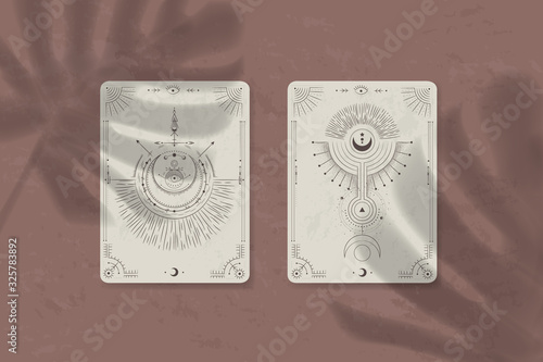 shadow of a tropical leaf on paper. tarot cards, seance, astral sacred illustration. geometry, the solar system, cosmic bodies, the sun and the moon. Vector graphics