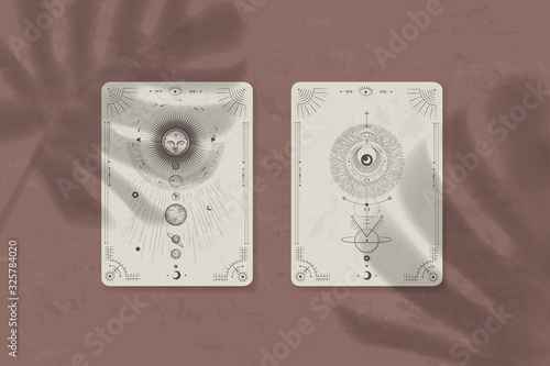 shadow of a tropical leaf on paper. tarot cards, seance, astral sacred illustration. geometry, the solar system, cosmic bodies, the sun and the moon. Vector graphics