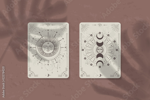 shadow of a tropical leaf on paper. tarot cards, seance, astral sacred illustration. geometry, the solar system, cosmic bodies, the sun and the moon. Vector graphics