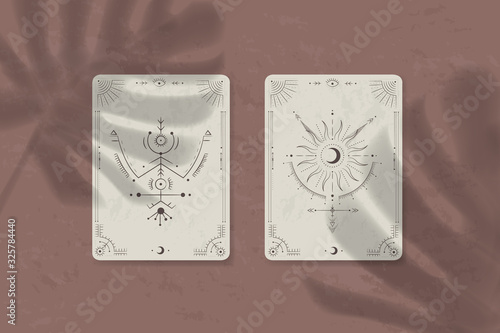 shadow of a tropical leaf on paper. tarot cards, seance, astral sacred illustration. geometry, the solar system, cosmic bodies, the sun and the moon. Vector graphics