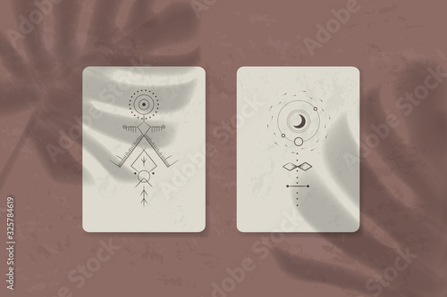 shadow of a tropical leaf on paper. tarot cards, seance, astral sacred illustration. geometry, the solar system, cosmic bodies, the sun and the moon. Vector graphics