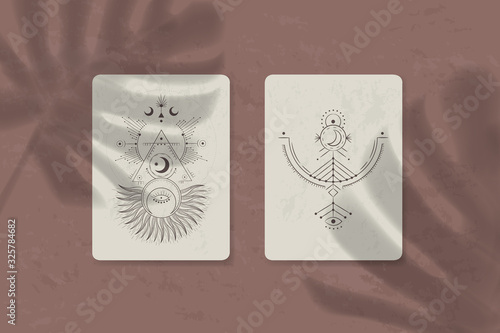shadow of a tropical leaf on paper. tarot cards, seance, astral sacred illustration. geometry, the solar system, cosmic bodies, the sun and the moon. Vector graphics