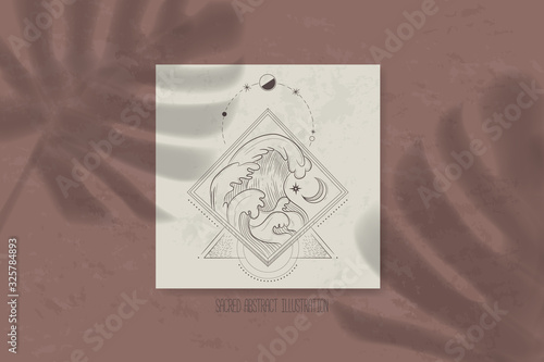 shadow of a tropical leaf on paper. tarot cards, seance, astral sacred illustration. geometry, the solar system, cosmic bodies, the sun and the moon. Vector graphics