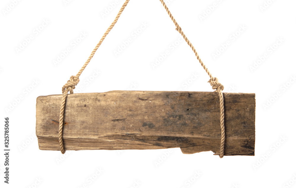 empty wooden sign hanging on a rope on white background empty wooden sign hanging on a rope on white background