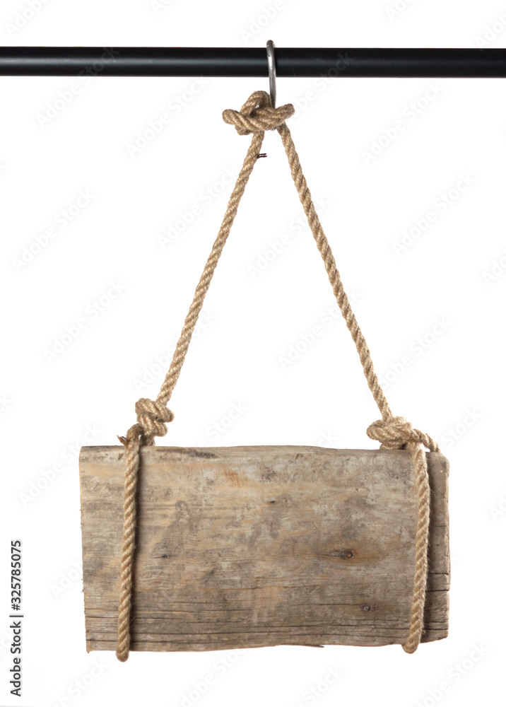empty wooden sign hanging on a rope on white background empty wooden sign hanging on a rope on white background