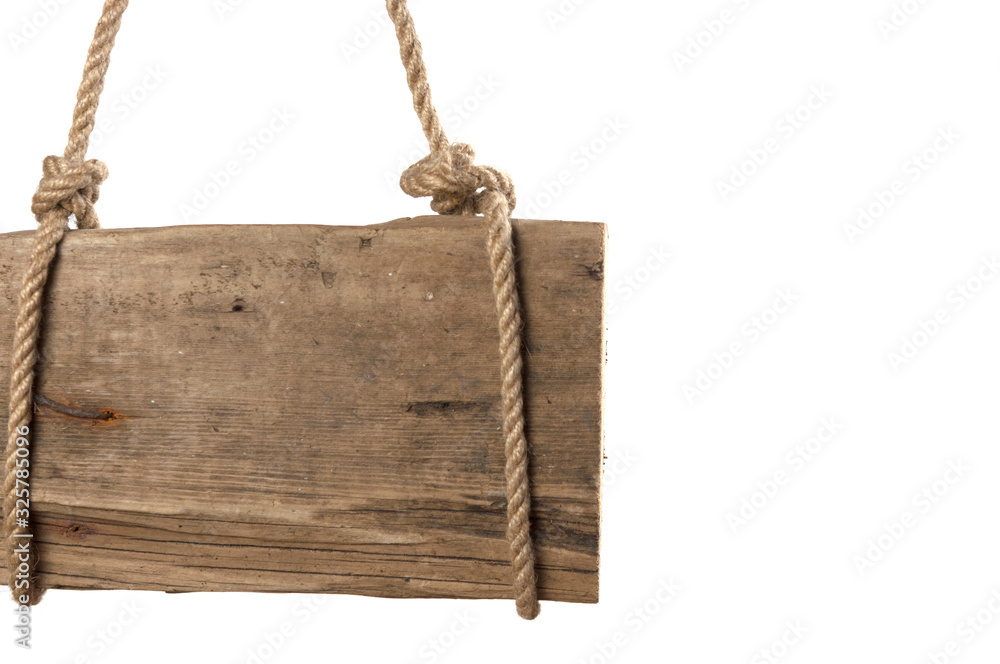 empty wooden sign hanging on a rope on white background empty wooden sign hanging on a rope on white background