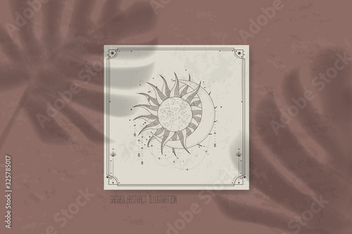 shadow of a tropical leaf on paper. tarot cards, seance, astral sacred illustration. geometry, the solar system, cosmic bodies, the sun and the moon. Vector graphics