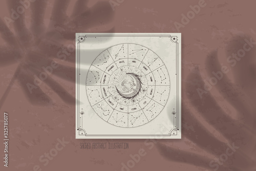 shadow of a tropical leaf on paper. tarot cards, seance, astral sacred illustration. geometry, the solar system, cosmic bodies, the sun and the moon. Vector graphics