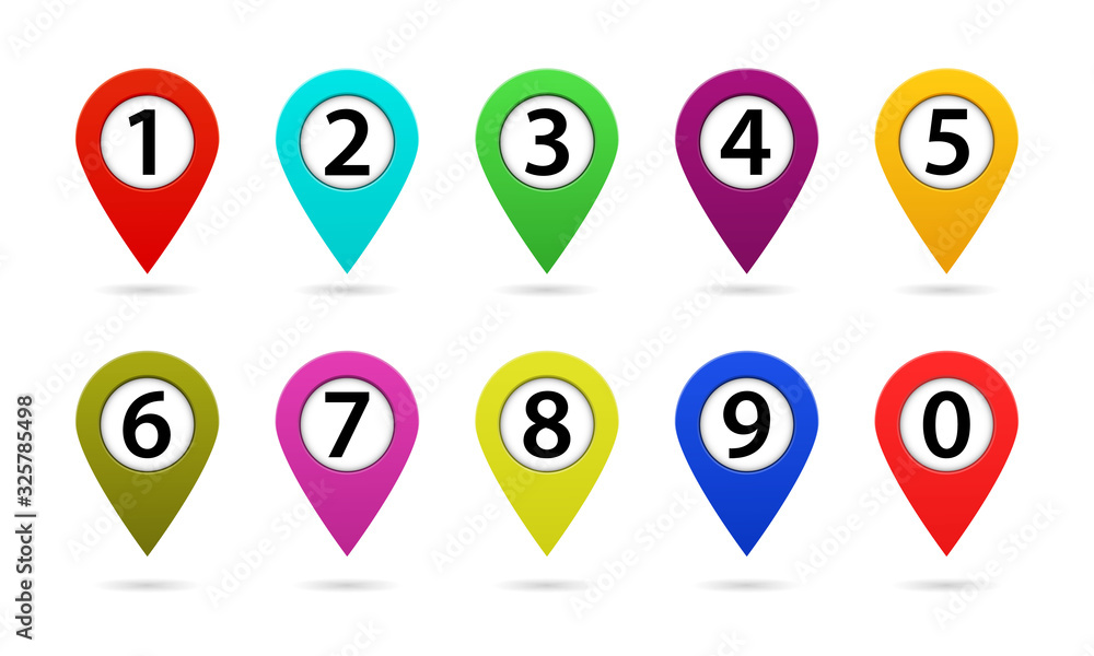 Map marker with number. Pointer icon for gps on road. Color position pin sign for direction in travel. Green, orange, red button arrow for communication. Set of route pointer on map. Isolated vector. Map marker with number. Pointer icon for gps on road. Color position pin sign for direction in travel. Green, orange, red button arrow for communication. Set of route pointer on map. Isolated vector.