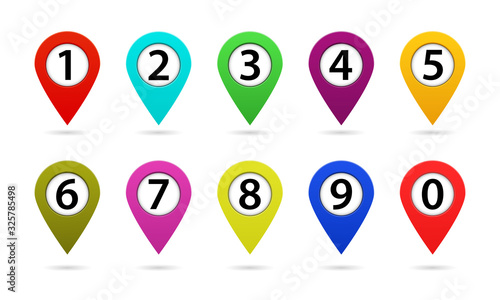 Map marker with number. Pointer icon for gps on road. Color position pin sign for direction in travel. Green, orange, red button arrow for communication. Set of route pointer on map. Isolated vector.