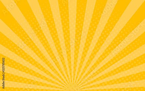 Yellow sunrays background with halftone effect. Shine sunburst for comic book. Pop art banner with dots. Summer backdrop in retro style. Design graphic frame with star beam. vintage vector