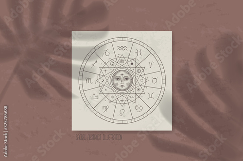 shadow of a tropical leaf on paper. tarot cards, seance, astral sacred illustration. geometry, the solar system, cosmic bodies, the sun and the moon. Vector graphics