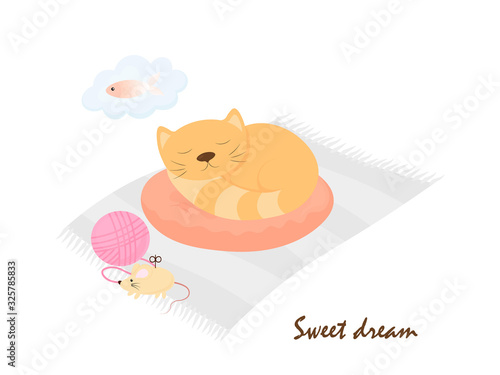 Naklejka Sleeping kitten on a pillow illustration in a flat cartoon style.