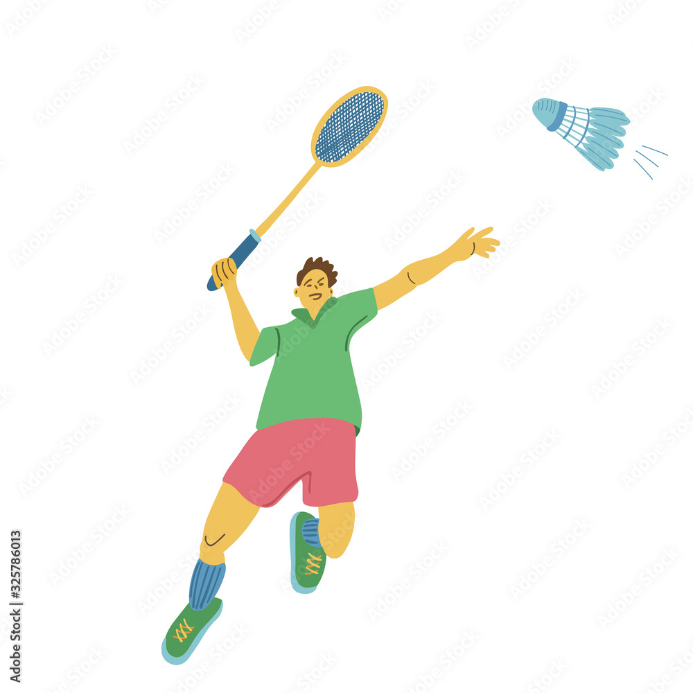 A jumping single badminton player swinging his racket to  beat off a shuttlecock.  Great sport poster. Vector illustration isolated on white background. 