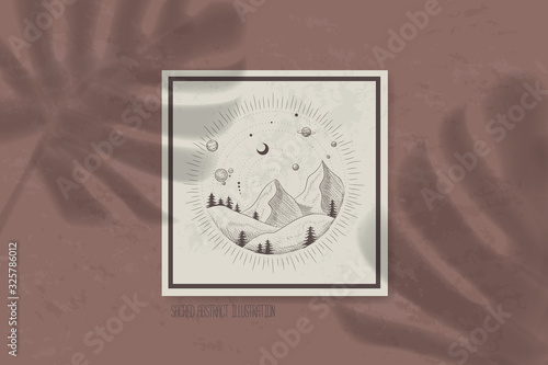 shadow of a tropical leaf on paper. tarot cards, seance, astral sacred illustration. geometry, the solar system, cosmic bodies, the sun and the moon. Vector graphics
