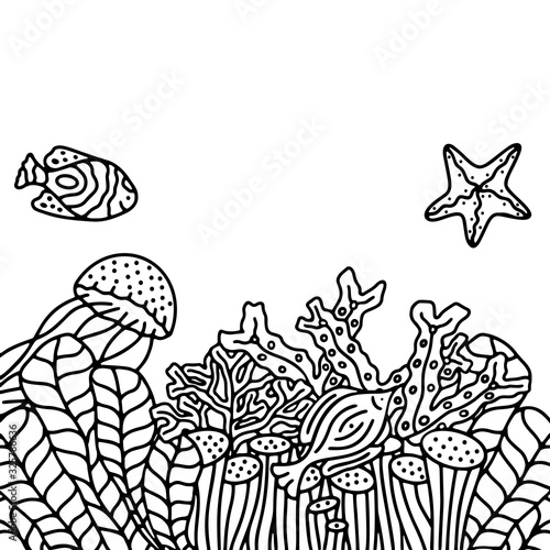 Vector black and white hand drawn background with marine life.