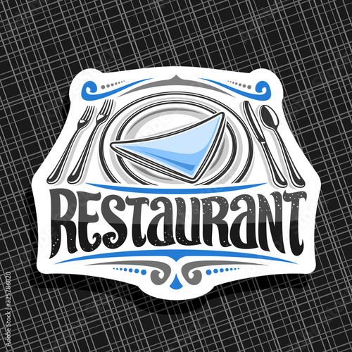 Vector logo for Restaurant, decorative retro sign board with illustration of dish with blue napkin and silverware set top view, art sticker with brush typeface for word restaurant on black background.