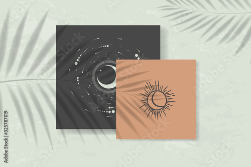 shadow of a tropical leaf on paper. tarot cards, seance, astral sacred illustration. geometry, the solar system, cosmic bodies, the sun and the moon. Vector graphics