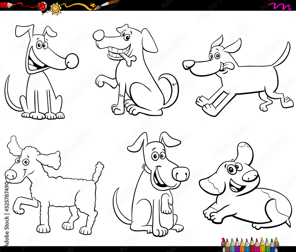 cartoon dogs and puppies color book page