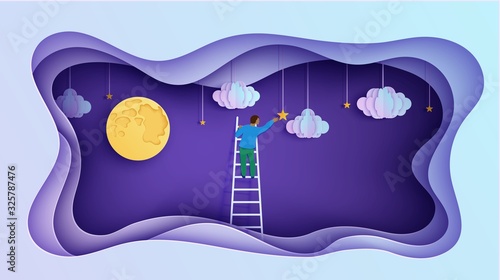 Man on a ladder to pick the star above cloud and moon in paper cut style. Papercut businessman climbing on ladder and trying to catch dream star. Follow your dreams vector motivational poster concept