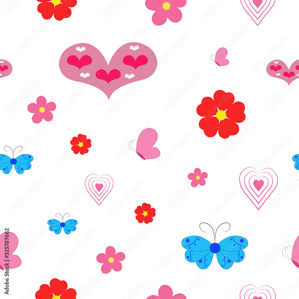 Flying pretty butterfly flower and heart vector seamless pattern. Childish fashion textile print design. butterfly flower and heart garden insect seamless pattern.