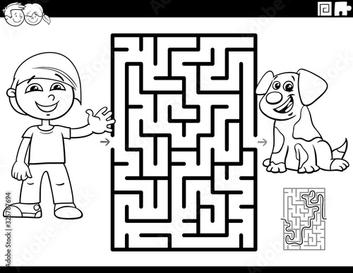 maze with boy and puppy coloring book page