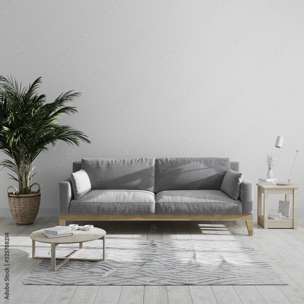 Modern minimalist living room interior mock up with gray sofa and palm ...