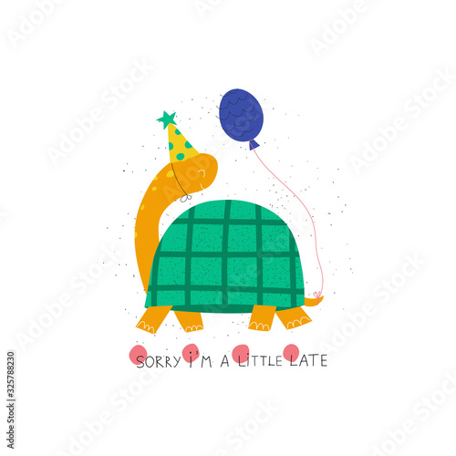 Hand drawn colorful kids birthday greeting card template. Cute turtle with balloons and text Sorry I'm a little late. Flat vector illustration